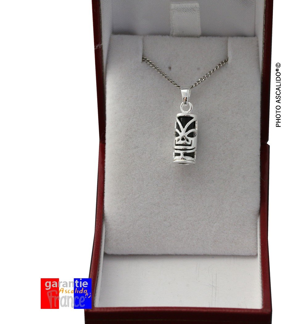 Collier 50cm | petit tiki | en argent massif 925 rhodié | pendentif et chaine avec boite | cadeau homme | Amulette tahitienne porte bonheur