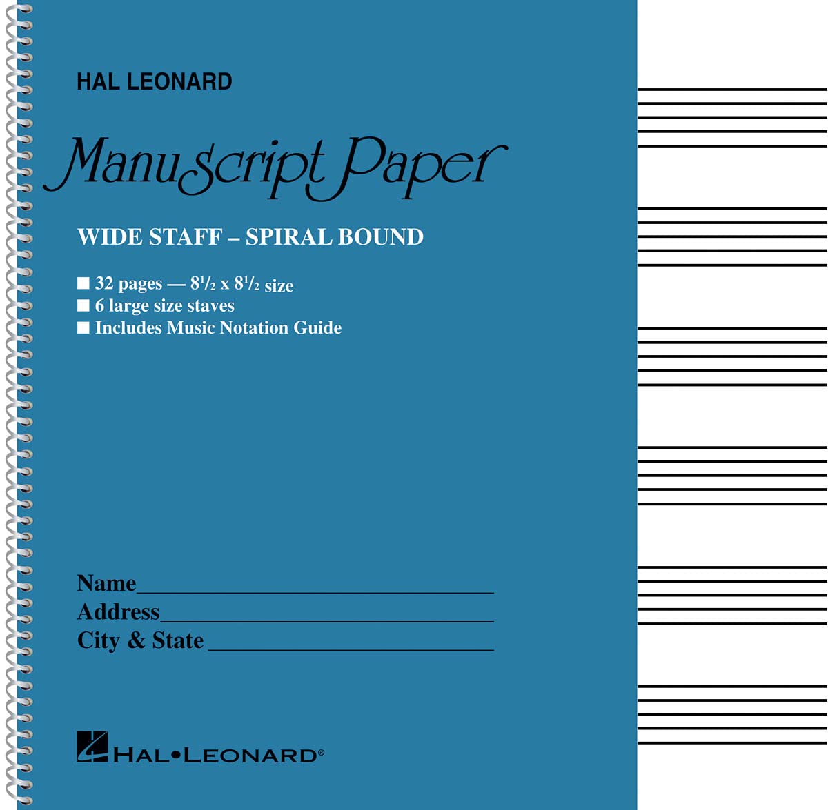 Wide Staff Manuscript Paper (Aqua Cover) | Wire bound Music Composition Notebook for Students and Composers | 6 Large Staves per Page with Music Notation Guide | Blank Sheet Music Book for Musicians