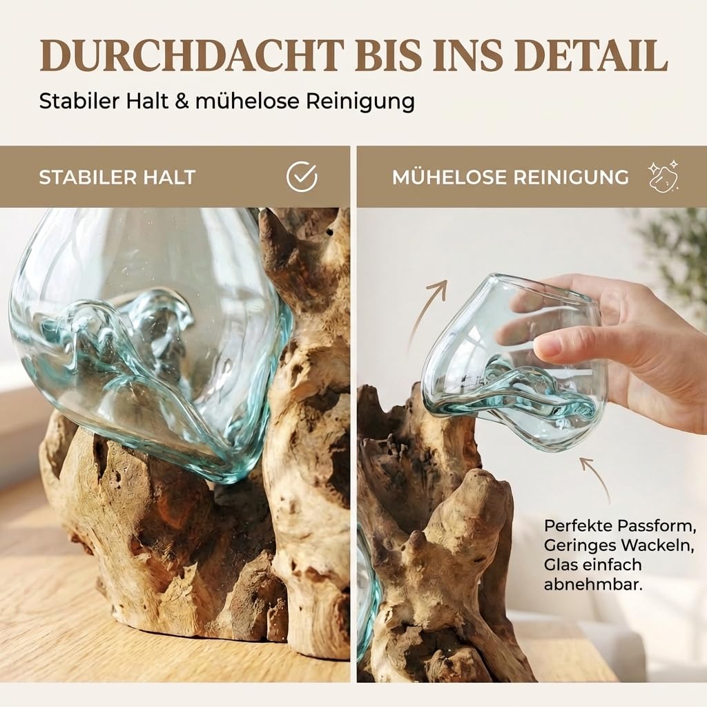 Glasvase Doppel (Ø Glas 12 cm) – Deko Vase aus Handarbeit auf Wurzelholz Gamal mit abnehmbarem Glas, Wohnzimmer Deko, geeignet als Blumenvase oder Kerzenglas Do12
