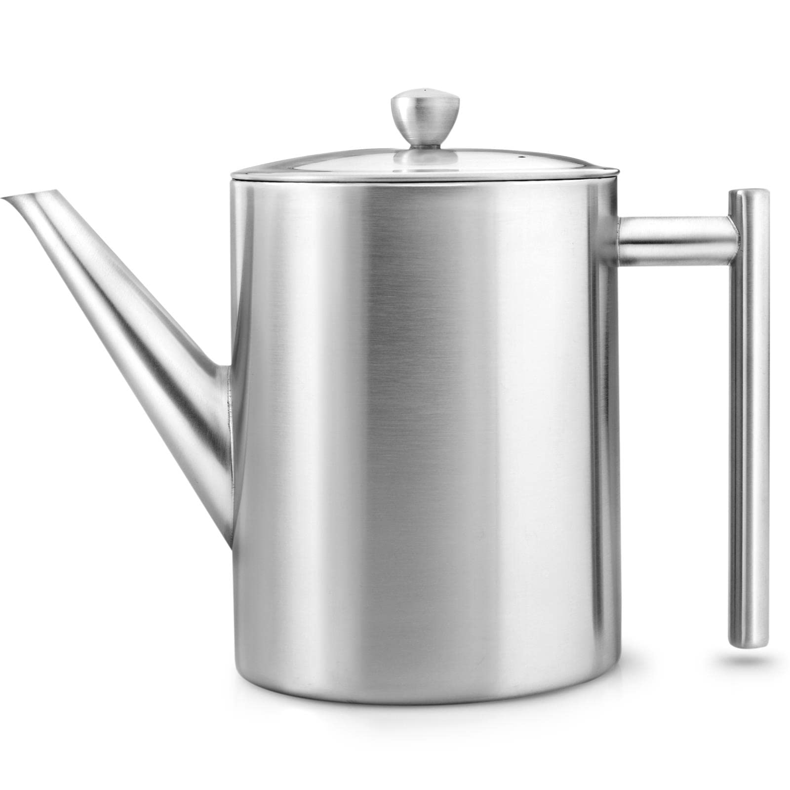 Bredemeijer hohe matte doppelwandige Edelstahl Teekanne 1.2 Liter & klassischer Teebereiter mit Tee-Filter Sieb-Einsatz für losen Tee & runder schwarzer Holzuntersetzer