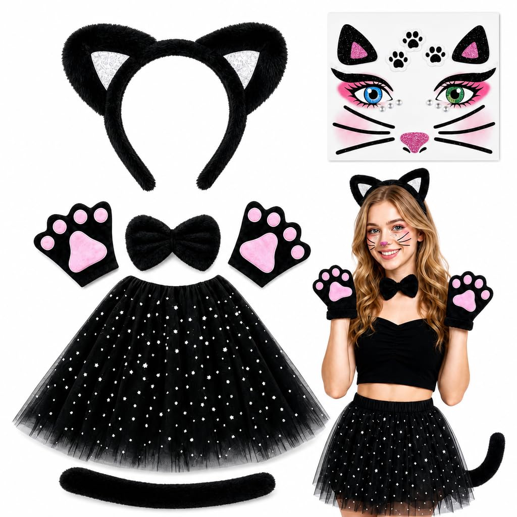 Black Cat Costume, 6-Piece Cosplay Set, Halloween Costumes