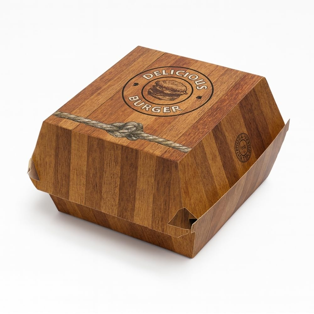 Commerline 300 Pezzi Scatole per Hamburger Taglia L, Design Effetto Legno | Contenitori Usa e Getta per Burger da Asporto | Scatole in Cartone per Takeaway, Snack & Servizio di Consegna