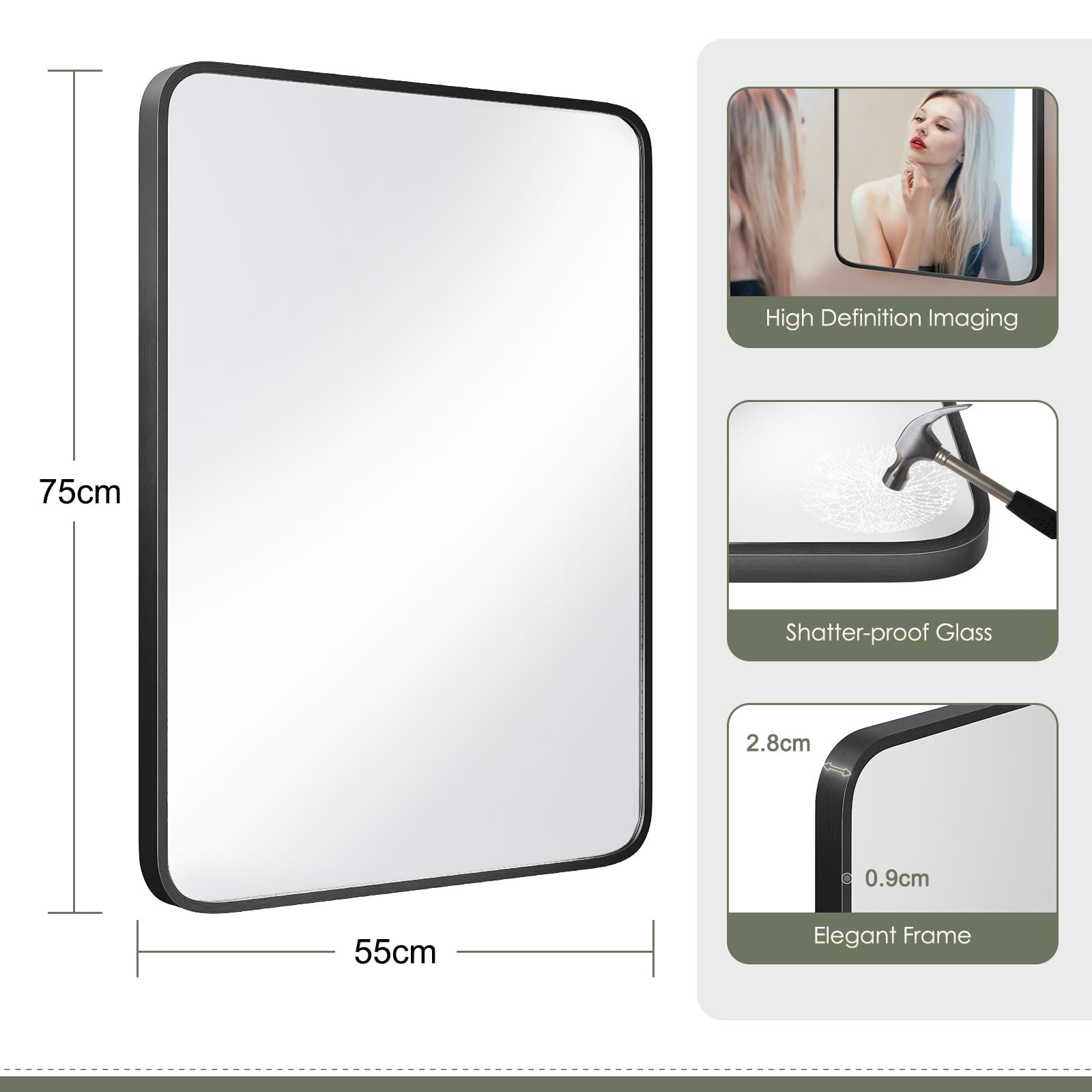 Dripex Specchio da parete Rettangolare, 55 x 75 cm HD Specchio con cornice in alluminio,Specchio cosmetico, infrangibile specchio decorativo per Bagno Spogliatoio Soggiorno (Nero)