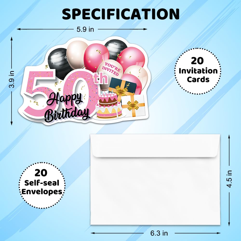 ERHACHAIJIA Einladungskarten zum Ausfüllen in Rosa und Schwarz, goldene Luftballons und Kuchenform, mit Umschlägen, lustige Einladungen zum 50. Geburtstag, Party, 50. Geburtstag, Erwachsene, 20 Stück