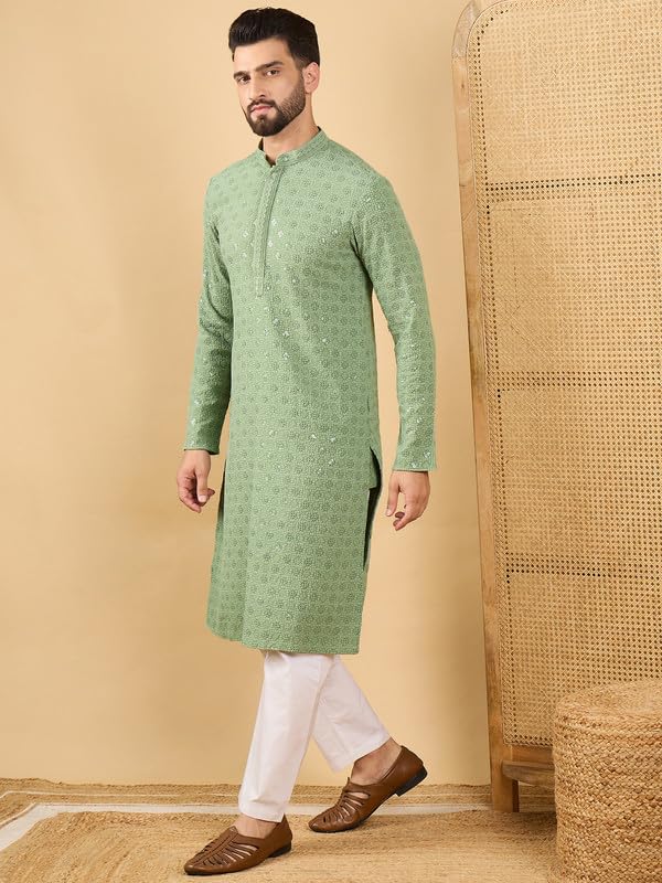 Image of Men's Solid Embroidered Long Straight Kurta | Men's Kurta | Embroidered Chikankari Kurta for Men | Straight Fit Kurta for Men