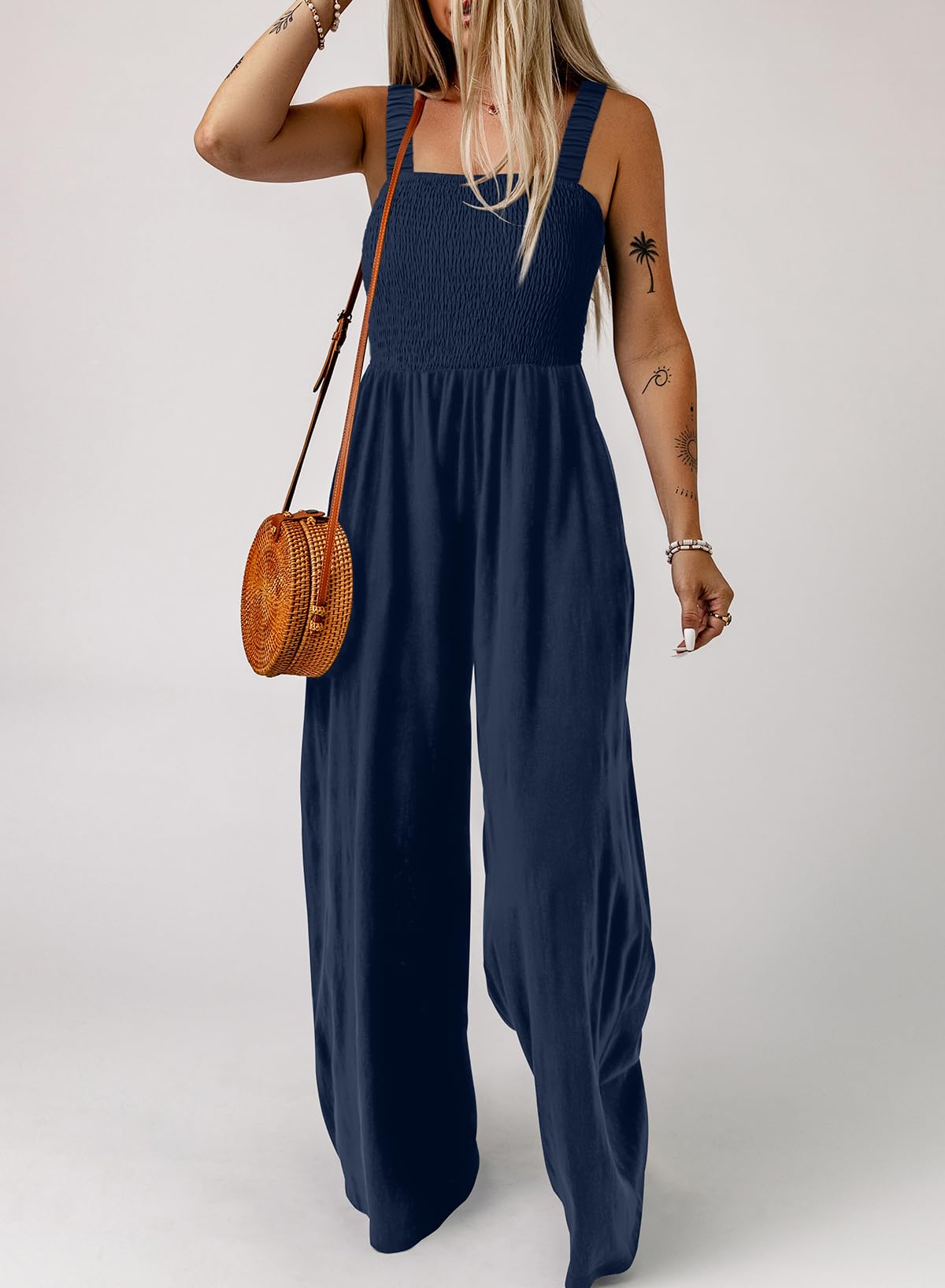 Dokotoo Jumpsuit Damen Sommer Latzhose Casual Lose Overalls Weites Bein Lang Romper mit Taschen S-2XL