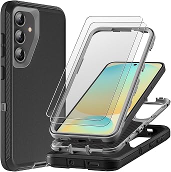 for Samsung Galaxy S24 FE Case with 2Pcs Tempered Glass Screen Protector, Military Grade 3 in 1 Heavy Duty Shockproof/Drop Proof/Dust Proof Case Black/Grey