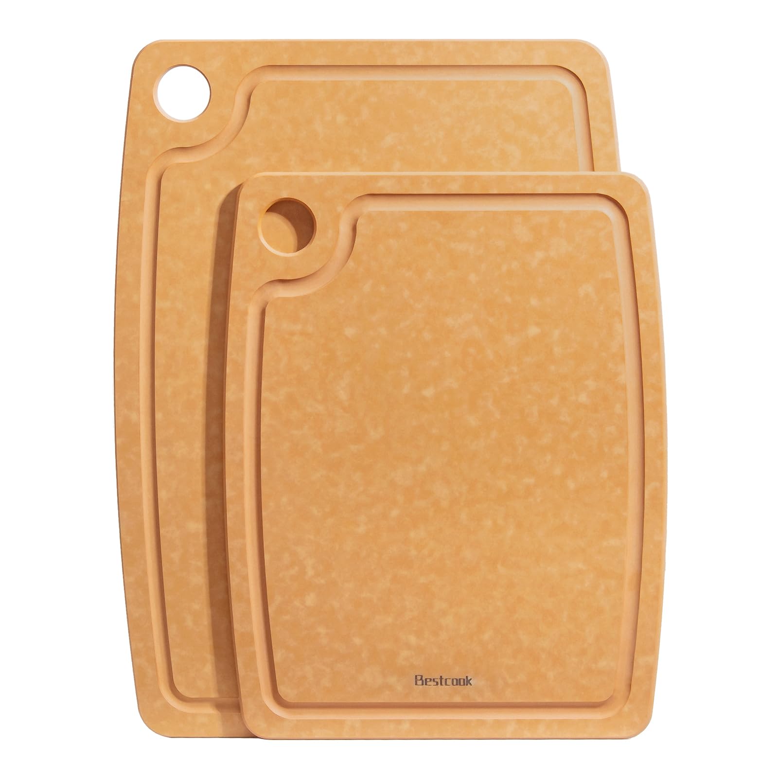 BESTCOOK Juego de 2 tablas de cortar de fibra de madera, tablas de cortar compuestas con ranura para jugo, aptas para lavavajillas, no tóxicas, sin BPA, no porosas, patas antideslizantes para cortar