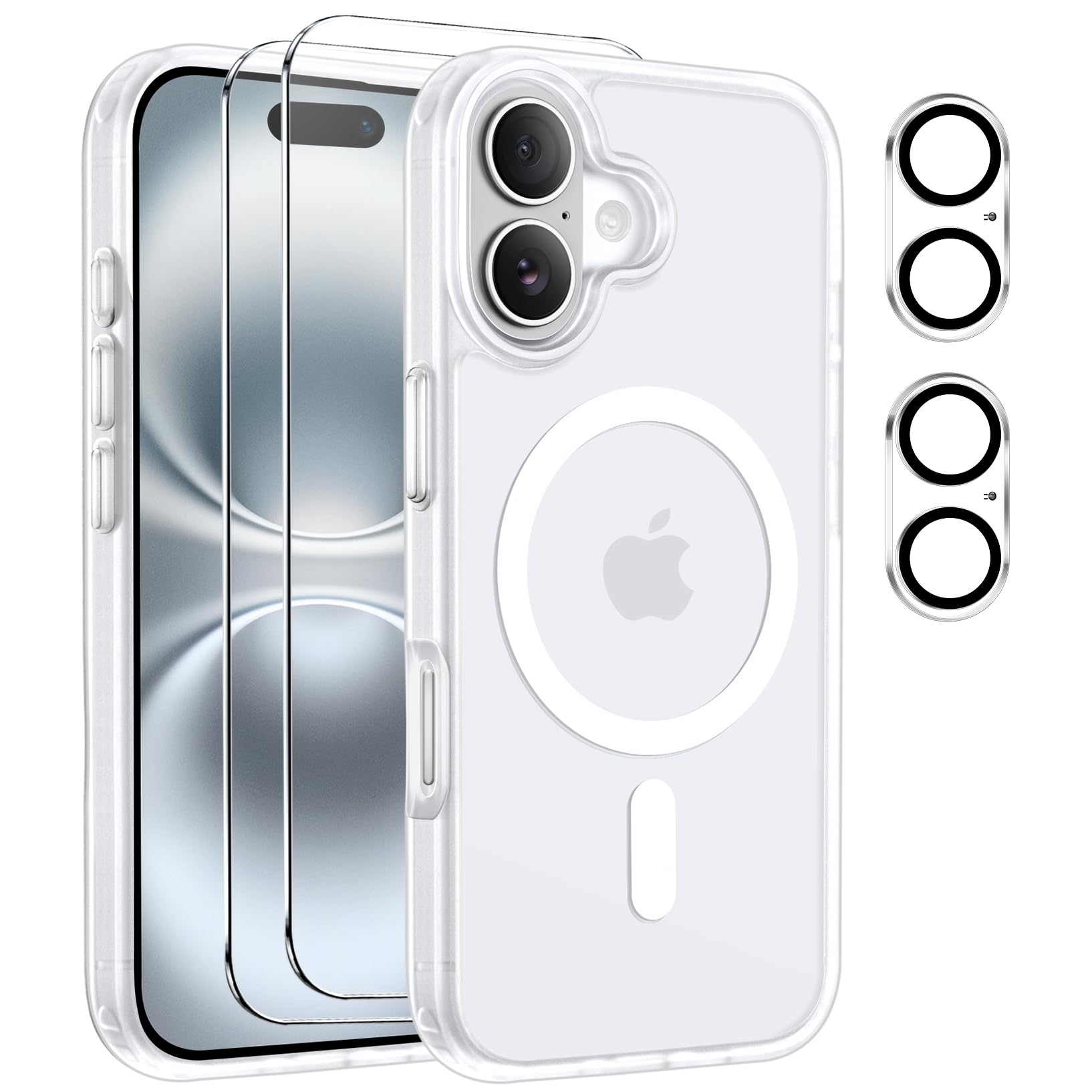 Czyoa Magnetic Cover per iPhone 16 Plus Compatibile con 2 vetri temperati e 2 vetri per Fotocamera, Translucent Matte Slim Back PC+TPU Bumper Shockproof - Trasparente Opaco