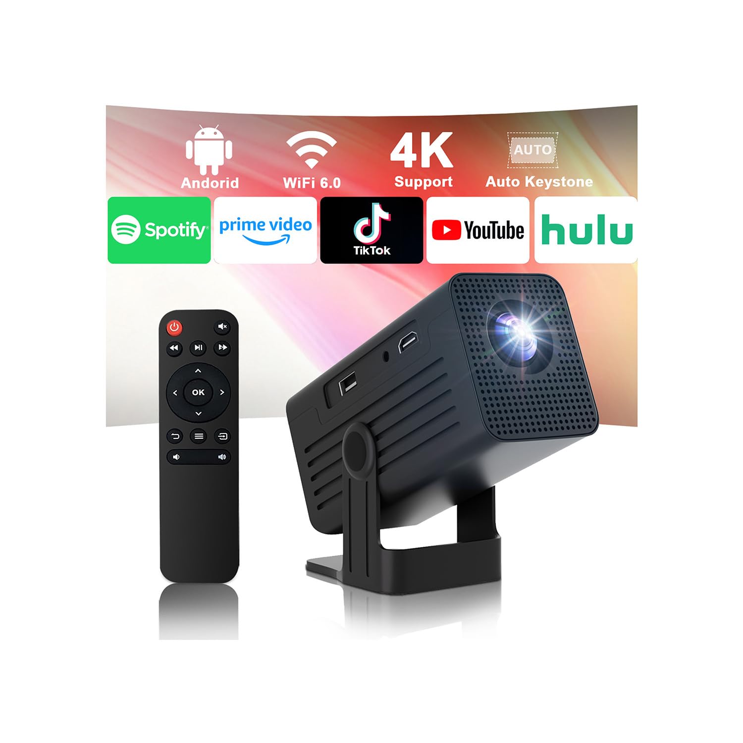 [Smart Projector with Apps] 4K Supported Mini Projector with Wifi and Bluetooth, XENPONAD Movie Projector for Bedroom Celling Camping & Outdoor Use,