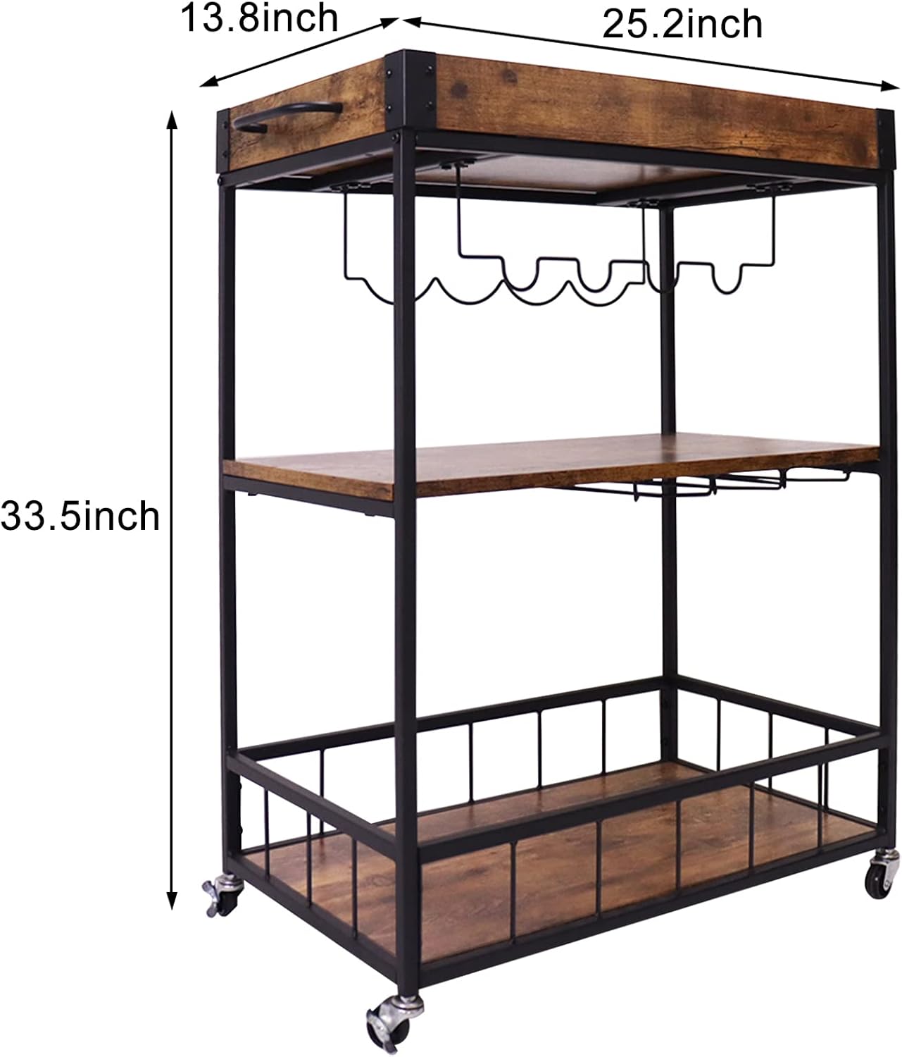 aboxoo Wine Serving Bar Cart 3 Tiers Large Home Trolley Rolling Wine Rack with Wheels Mobile Kitchen Serving Cart,Industrial Vintage Style Wood Metal Serving Trolley Glass Holder Bar Cabinet Standard Brown