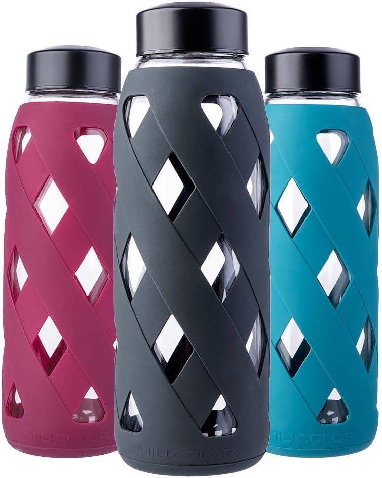27oz Glass Water Bottle, MIUCOLOR BPA Free Shatter Resistant Large Borosilicate Glass Bottles with Silicone Sleeve for Home Sports and Outdoor, Black