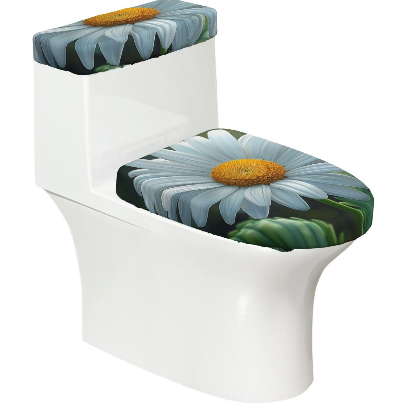 X Psblty Daisy Toilet Seat Cover Set 2 Piece Bathroom Decor Toilet Lid Cover With Tank Top Cover Stretch Fit Soft Fabric For Home 15-21 Inch