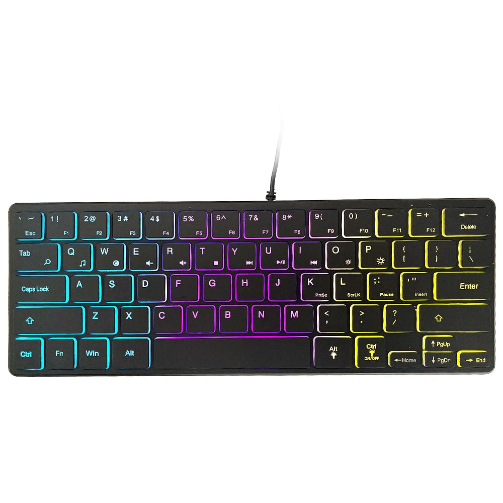 abucow Backlit Mini Keyboard USB Wired Portable Mute Ultra-Compact Small Gaming Keyboard 64 Keys for PC/Mac Gamer Typist Travel Easy to Carry on Business Trip (Style 3)