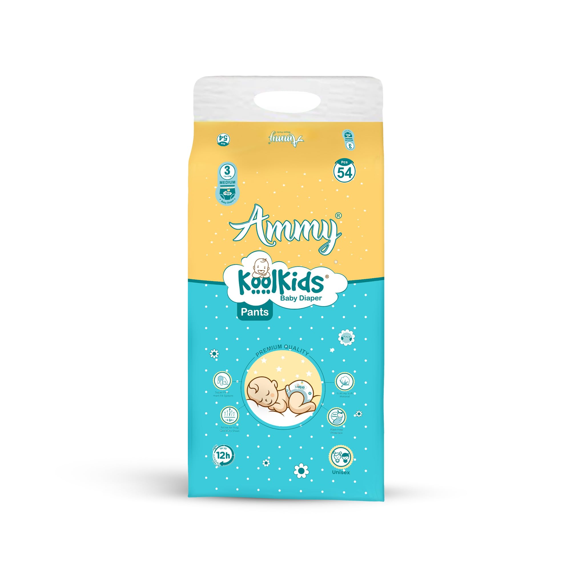 Ammy Koolkids Extra Absorb Baby Diaper Pants, Medium Size (54 Count), Rash Free Diaper Pants for Babies (7-12kg)