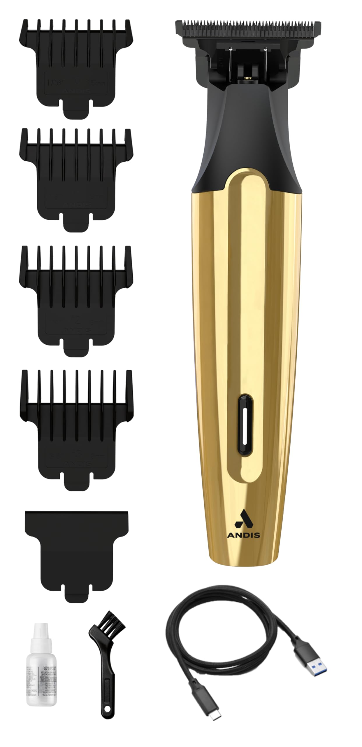 Andis Insight Slim Cordless Rotary Motor Trimmer per capelli, Set 9 pezzi, lama T acciaio inox, batteria litio, oro