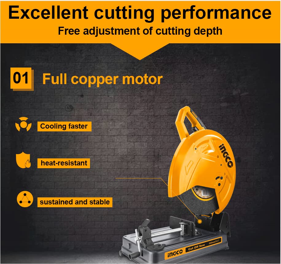 Image of INGCO Cut Off Saw, Cut Off Saw, 2400W | 3900Rpm Chop Saw, Power Saw With Heavy Duty Steel Base, Electric Cut Off Saw, Professional Cut Off Saw Machine With 1Pcs 355Mm Cutting Disc
