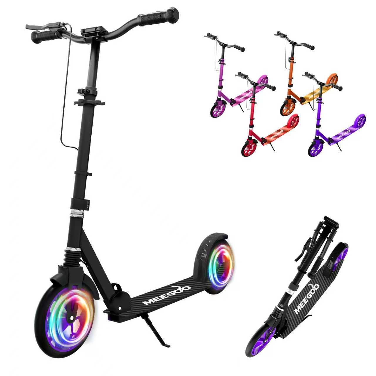 【MEE GOO 折りたたみ式 光るLEDタイヤ】キックスクーター 大人子供兼用 耐荷重100kg 8インチ ショックアブソーバー付き ハンドル高さ調整可能 デュアルブレーキ 滑り止めデッキ (ブラック)