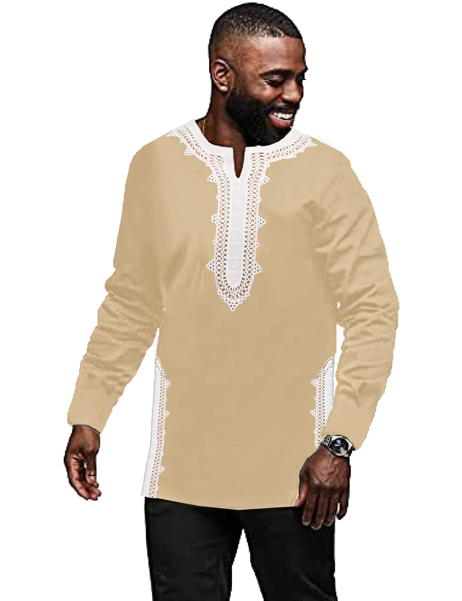 DaupanzeesMen Tunic T-Shirt Caftan Shirt Breathable Polyester Fiber Handmade Embroidery Ethnic Tops Tee