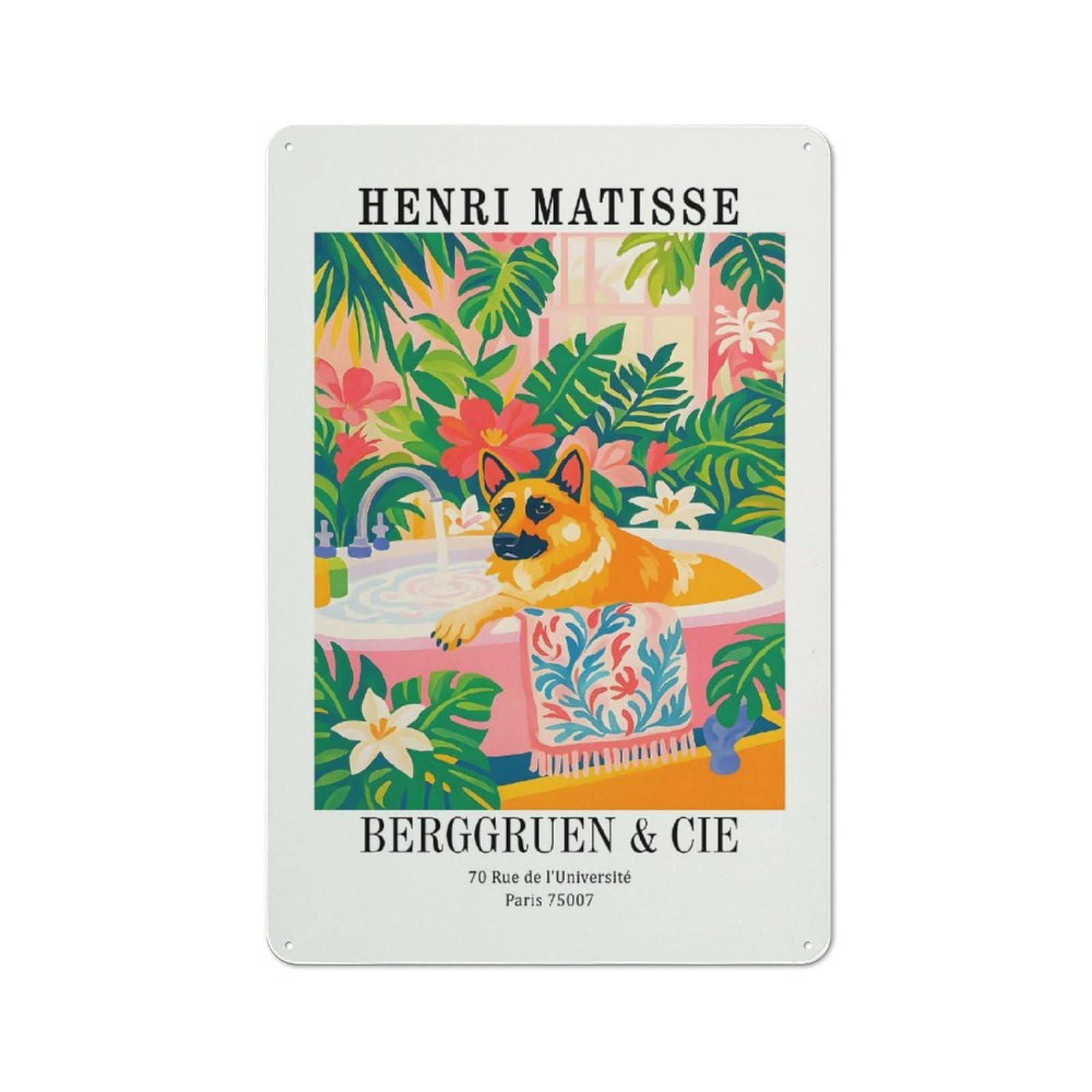 Junmoney Style-17 For Lounge Or Reading Corner, Henri Matisse Dog In Bathtub Vintage Metal Sign 30X20cm, For Collectors Decorating Lounges And Reading Corners