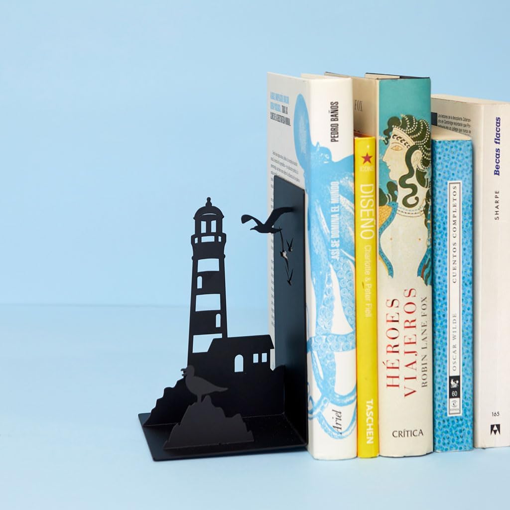Balvi Lighthouse Bookends Black Colour Classic Coastal View: Lighthouse and Seagulls Metal