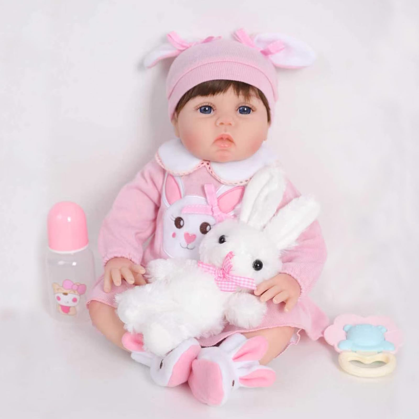 22 Pollici Bambole Reborn realistica bambine 55 cm, corpo imbottito in cotone, tuta a tema coniglio rosa, ciuccio, biberon e Sonagli, regalo per bambini dai 3 anni in su