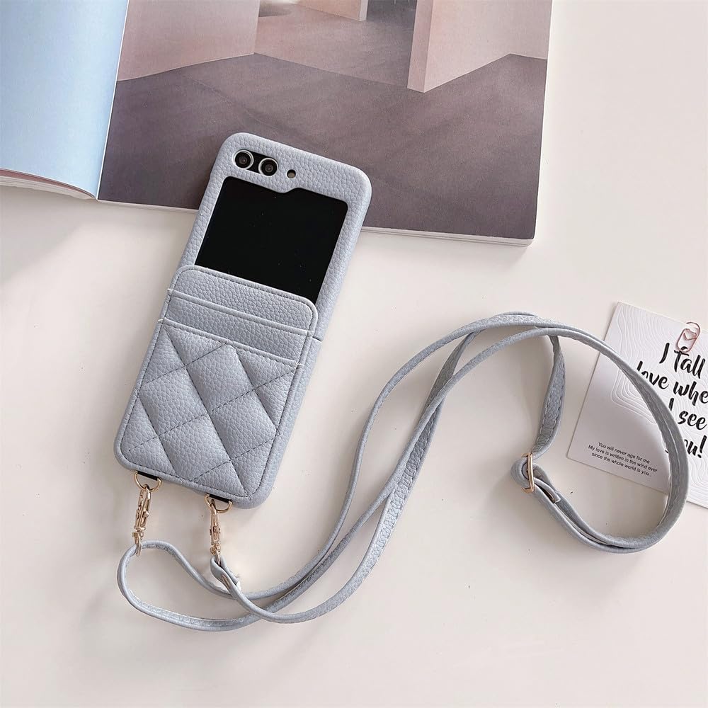 Portfel Crossbody z etui na karty do telefonu Samsung Galaxy Z Flip 5 4 3 Flip5 Flip4 Flip3 5G PU Leather Cover, Blue Grey, For Galaxy Z Flip3