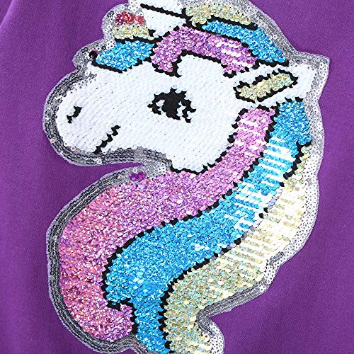 Hh Family Girls Sweatshirt Flip Sequin Unicorn French Terry Pullover Crewneck Long Sleeve Kids Top Clothes (S Purple, 8) #TOP2