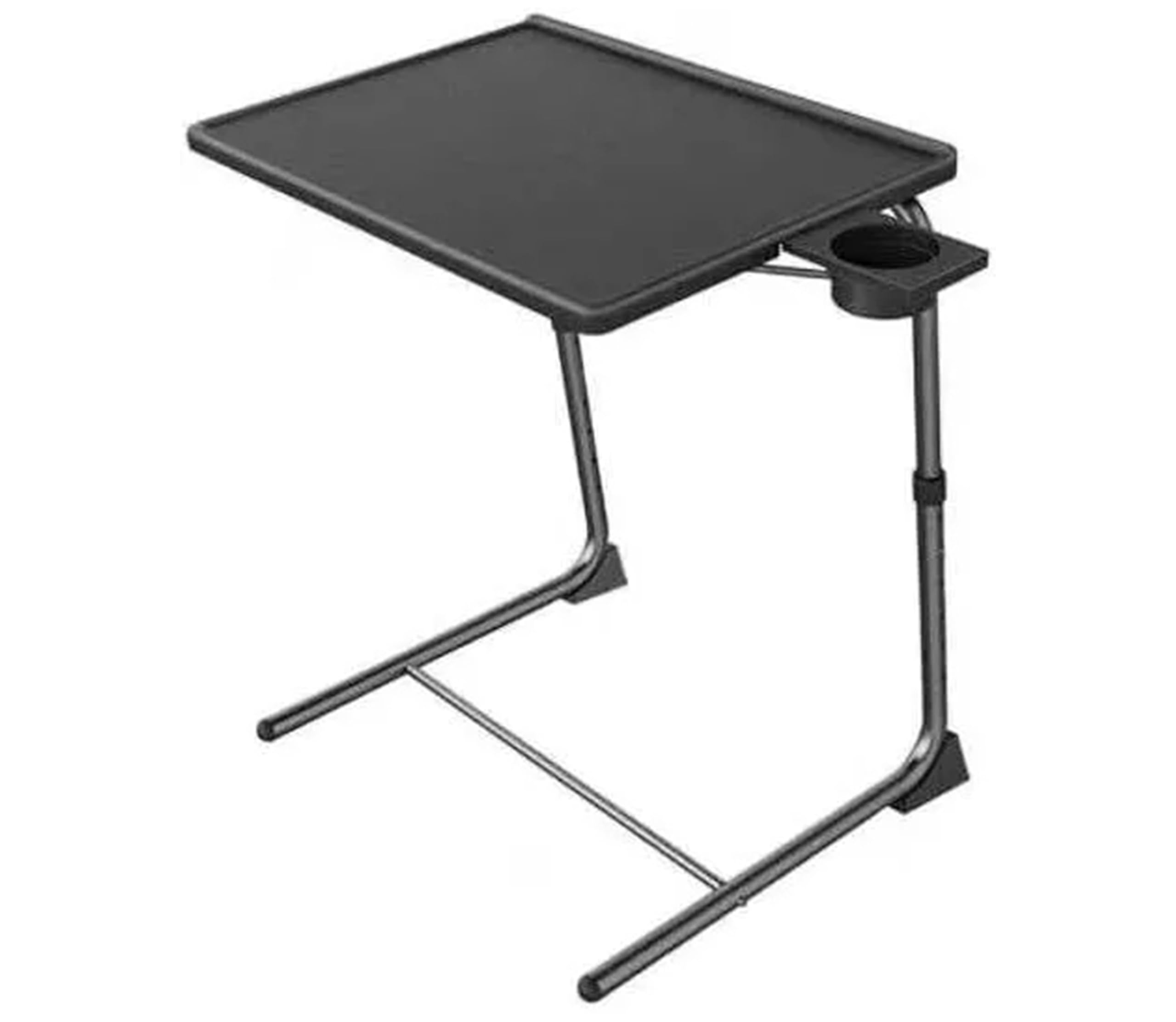 PREMZO Folding Table Adjustable Freestanding Portable Dinner Desk Laptop TV Stand Metal Frame Multi-Functional Lounge Living Room Bedroom Home Office Garden (Black With Cup Holder)