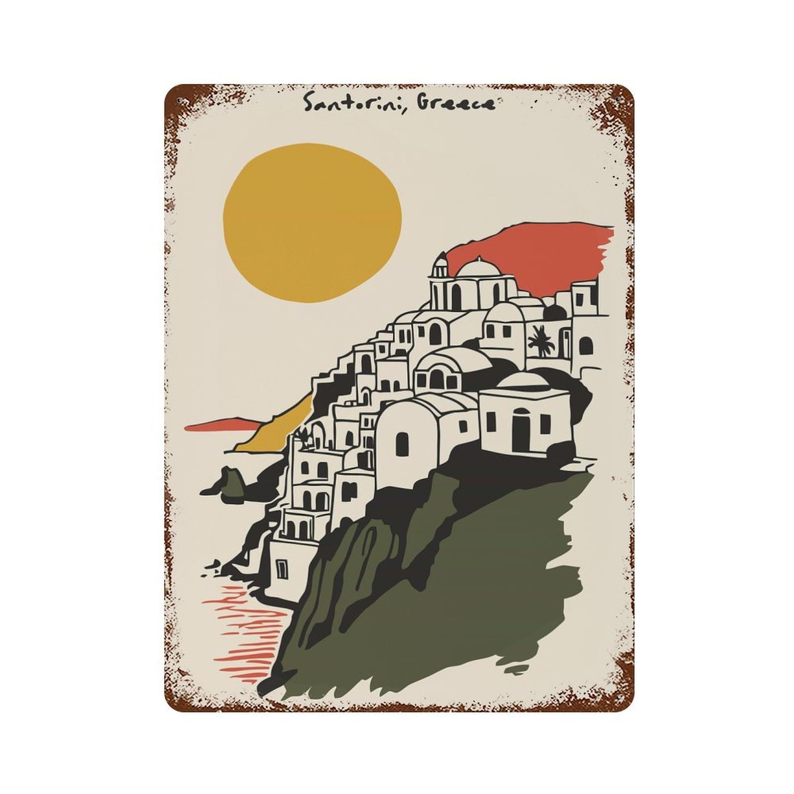 Santorini, Greece Illustration Rustic Tin Plaque 15.7"x11.8", Rustic Home Decor for Office, Studio And Wall Decor