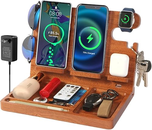 Organizador de mesita de noche con 4 cargadores inalámbricos para 2 teléfonos iPhoneAndroid, Apple Watch, Airpod, estación de carga inalámbrica