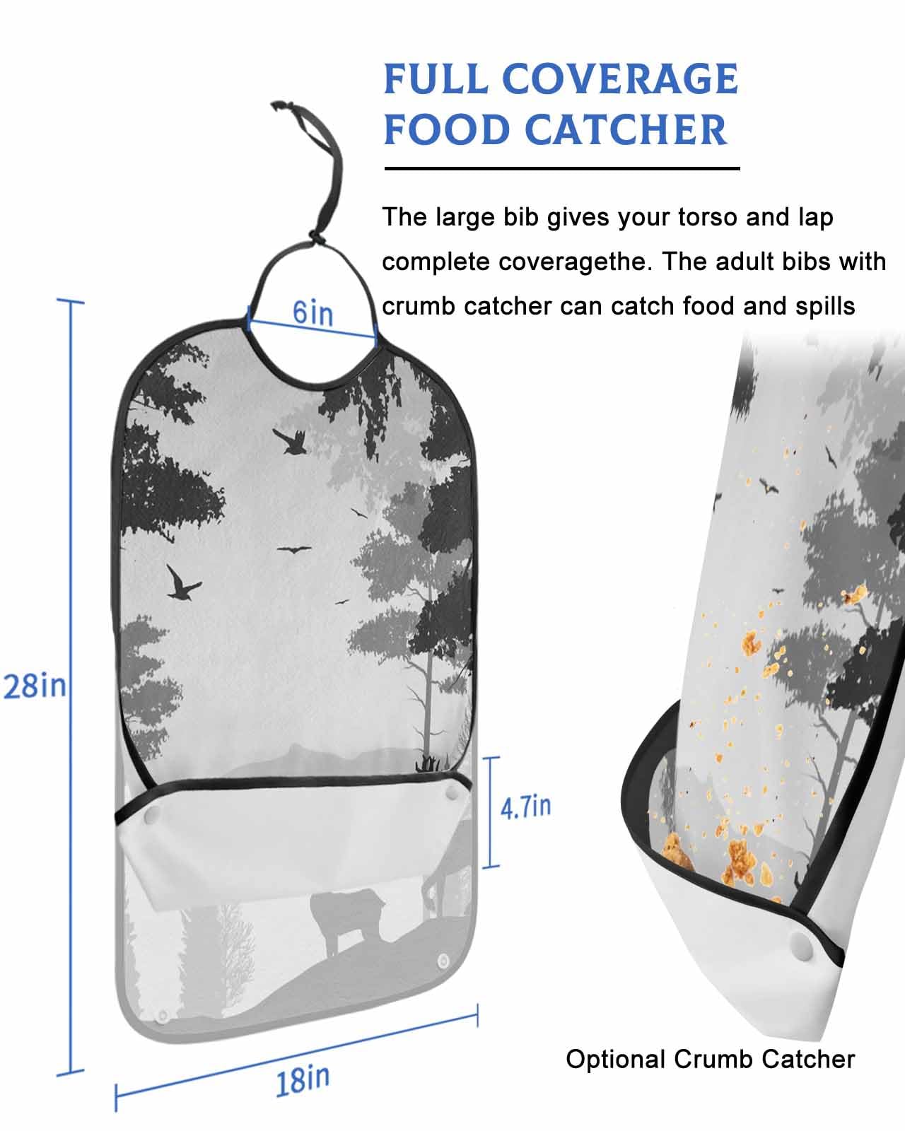 LEOKOTI Forest Elk Adult Bibs for Eating, Waterproof Bibs with Food Catcher & Adjustable Snap Closure, Country Rustic Wild Animal Tree Gary Black Washable Clothing Protectors Adult Bibs for Elderly
