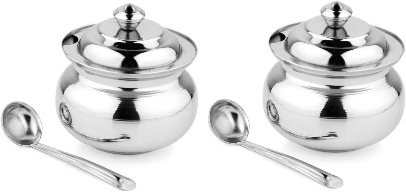 KC Stainless Steel Multipurpose Ghee Pot, Pickle Container - 300 ml with Spoon Set of 2 (Silver)