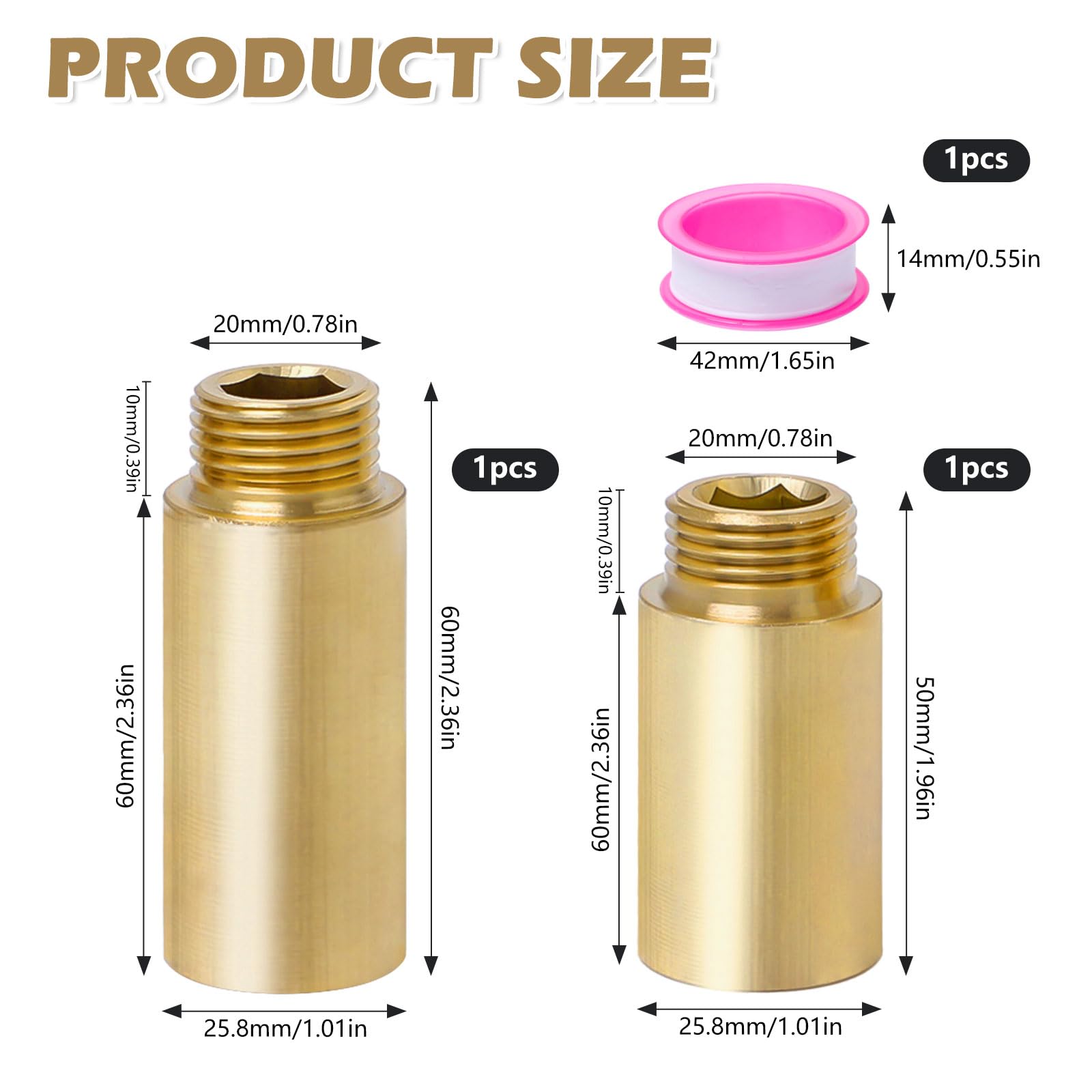Hahnverlängerung 1/2 Zoll RohrverläNgerung Messing 1/2" Solide Gewindefitting Messing mit Innengewinde und AußEngewinde für Wasserhähne und Duschköpfe (40mm,50mm)