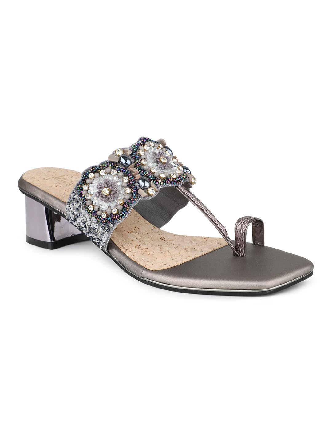 Women Pewter Ethnic Embellished One-Toe Block Heels Sandal-image-13