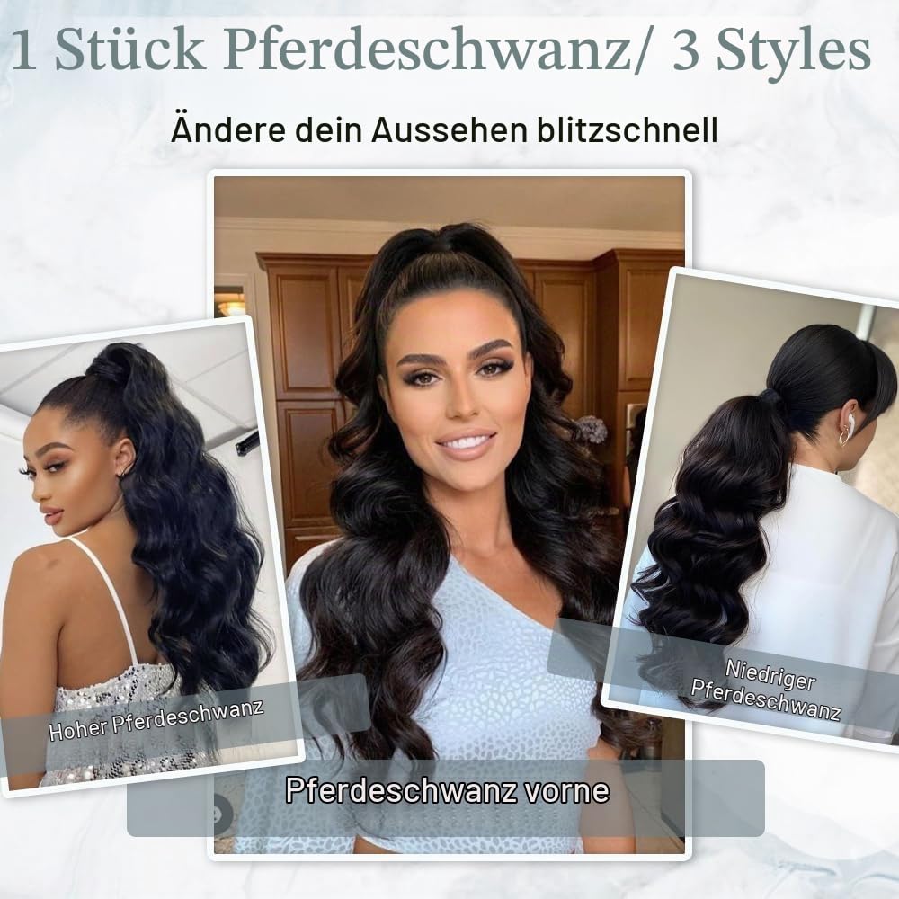 Gewellte Echthaar Ponytail Extensions 55cm 22 Zoll 120g, Body Wave Pferdeschwanz Haarverlängerung Naturschwarz, Clip in Wrap Around Zopf Extensions Echthaar für Damen, Hitzebeständig