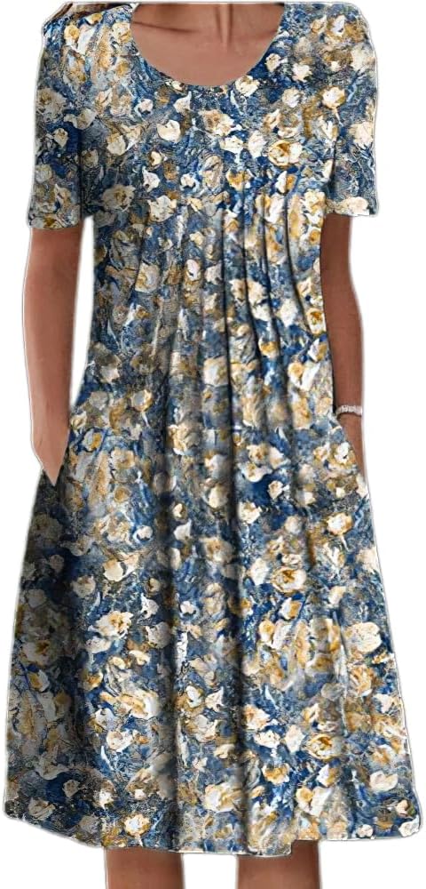 Akivide Women’s Boho Floral Short Sleeve T Shirt Dress Summer Casual Loose Swing Tshirt Midi Dresses with Pockets