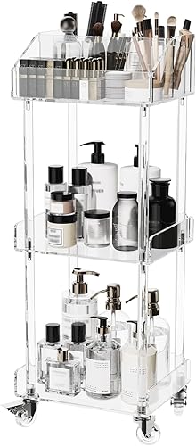 Organizador de maquillaje acrílico, carrito de almacenamiento de 3 niveles, organizador de maquillaje con ruedas, soporte para cosméticos para el