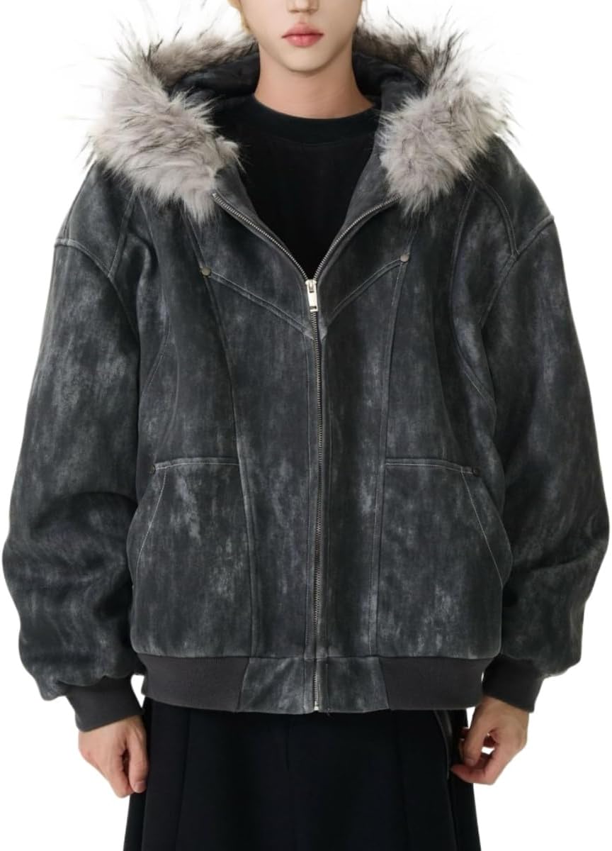 Mens Winter Coats Baggy Full Zip Up Fur Hood Jacket Y2k Casual Stylish Thick Cotton Heavyweight Warm Coats
