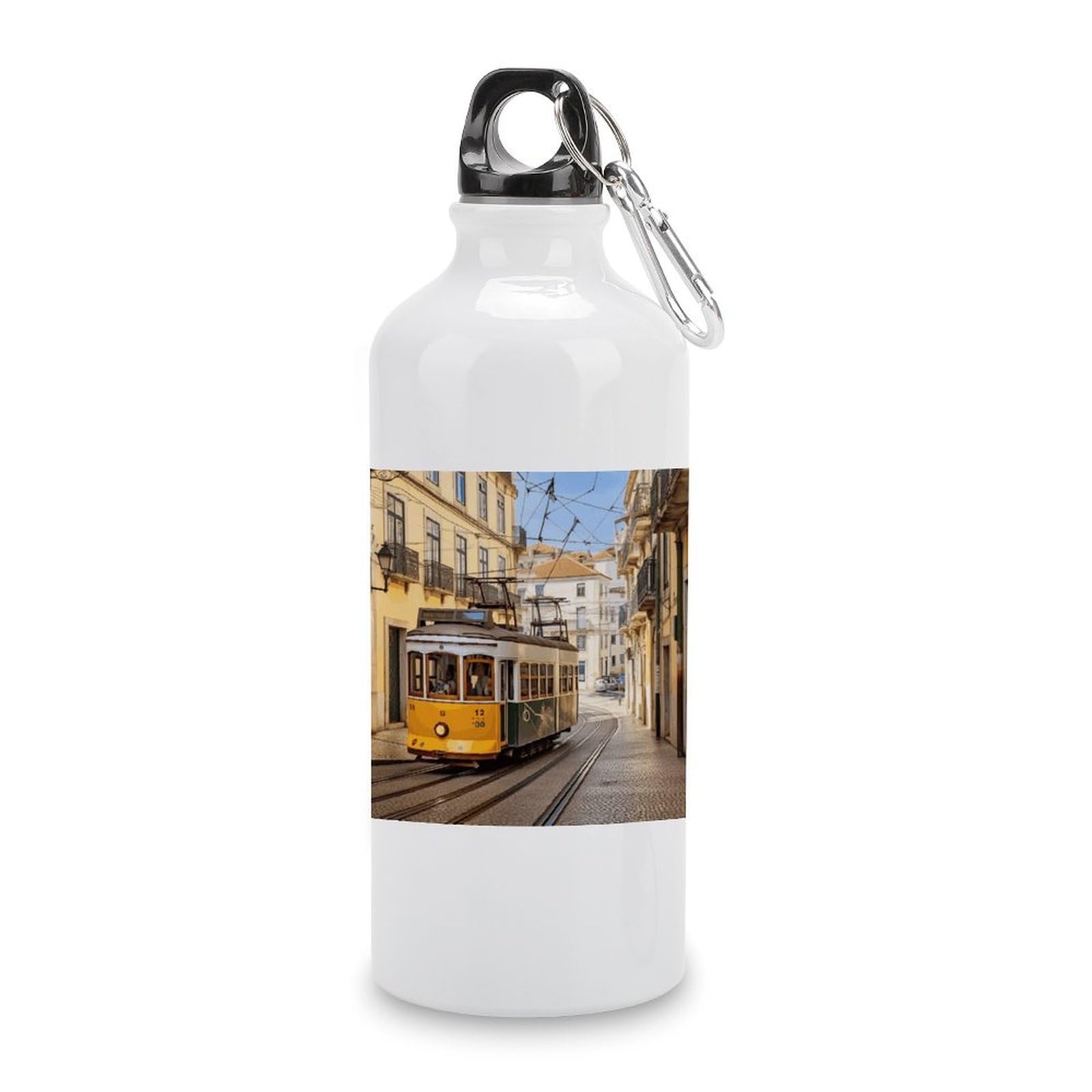VstaDank Lisbon Tram Water Bottles Aluminum Sports Water Bottle with Lid&Hook Buckle Fashion Vacuum Insulated Water Bottles Hydration Flask Leak Proof Tumbler Keep Cold&Hot