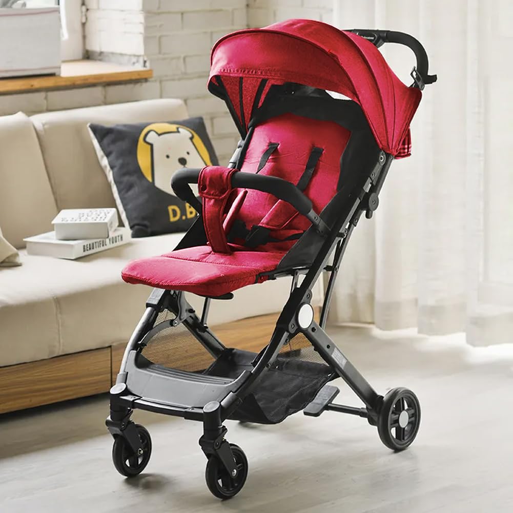 BAKAJI Passeggino Easy Ultra Leggero con Chiusura Facilitata Portata Massima 15 kg, Schienale Reclinabile con Cintura di Sicurezza a 5 Punti, Pieghevole con Una Mano, Salvaspazio (Rosso)
