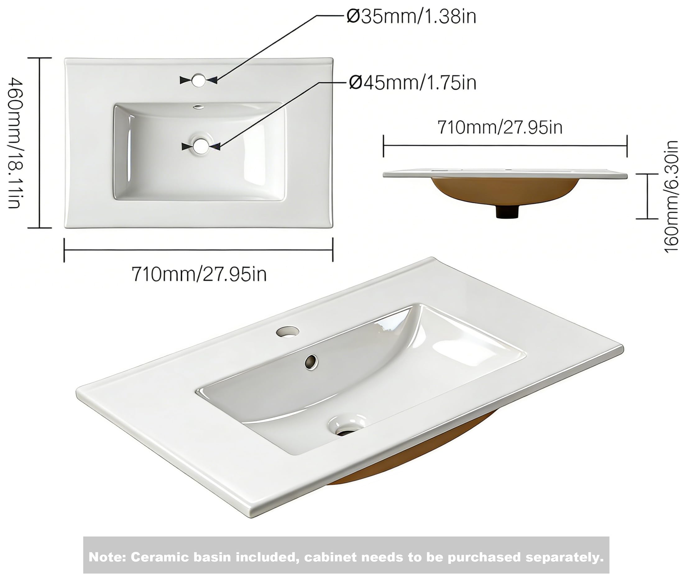 NUESTRA VIDA Lavabo Encastrado 70, Lavamanos Rectangular, Blanco Brillo Fabricado en Porcelana, Compatible con Mueble de Baño 71×46×16 cm (Sin Mueble de Baño)