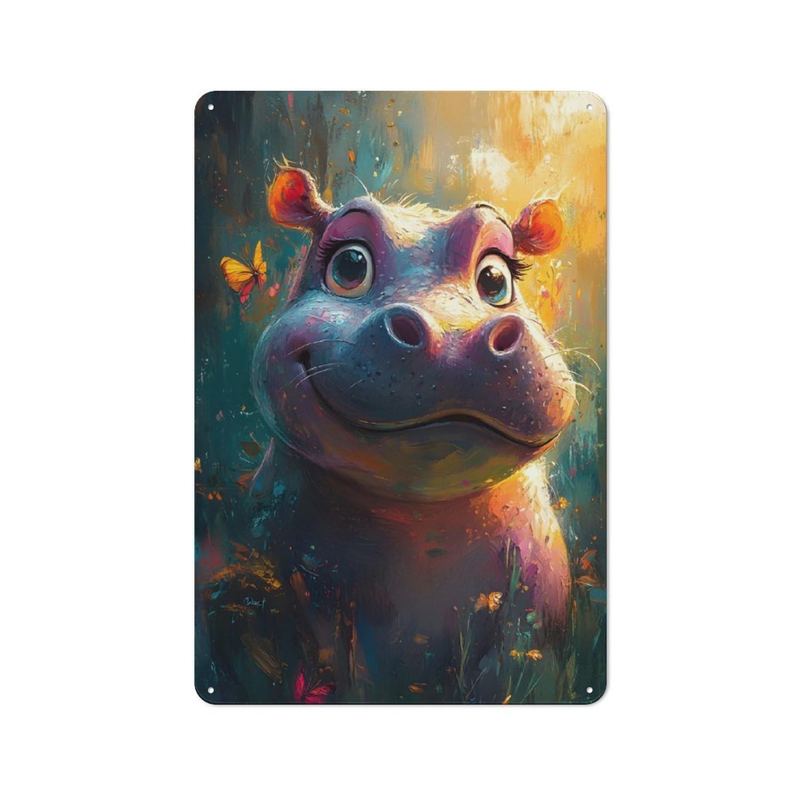 Junmoney Smiling Hippo With Butterflies Creative Metal Wall Decor 30X20cm, Metal Desk Wall Sign For Hobby Room, Office, Lounge Or Living Room