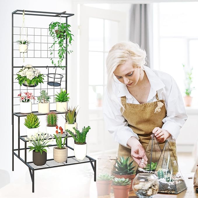 Image of Metal Plant Stand for Balcony, Living Room, Garden, 7 Layer Coating, 24 inches, Round, Galvanised (Black)
