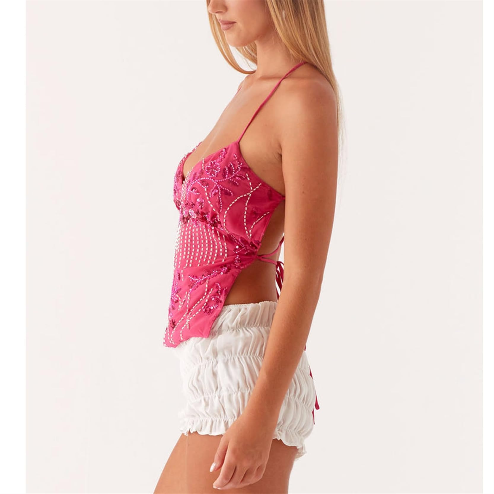 LYGBAOFUL Top Halter con Cuentas de Lentejuelas, Camisola de Fiesta sin Mangas Brillante Y2K con Cuello Vuelto de Corte bajo, Tops Adornados con Diamantes de imitación con Purpurina sin Espalda