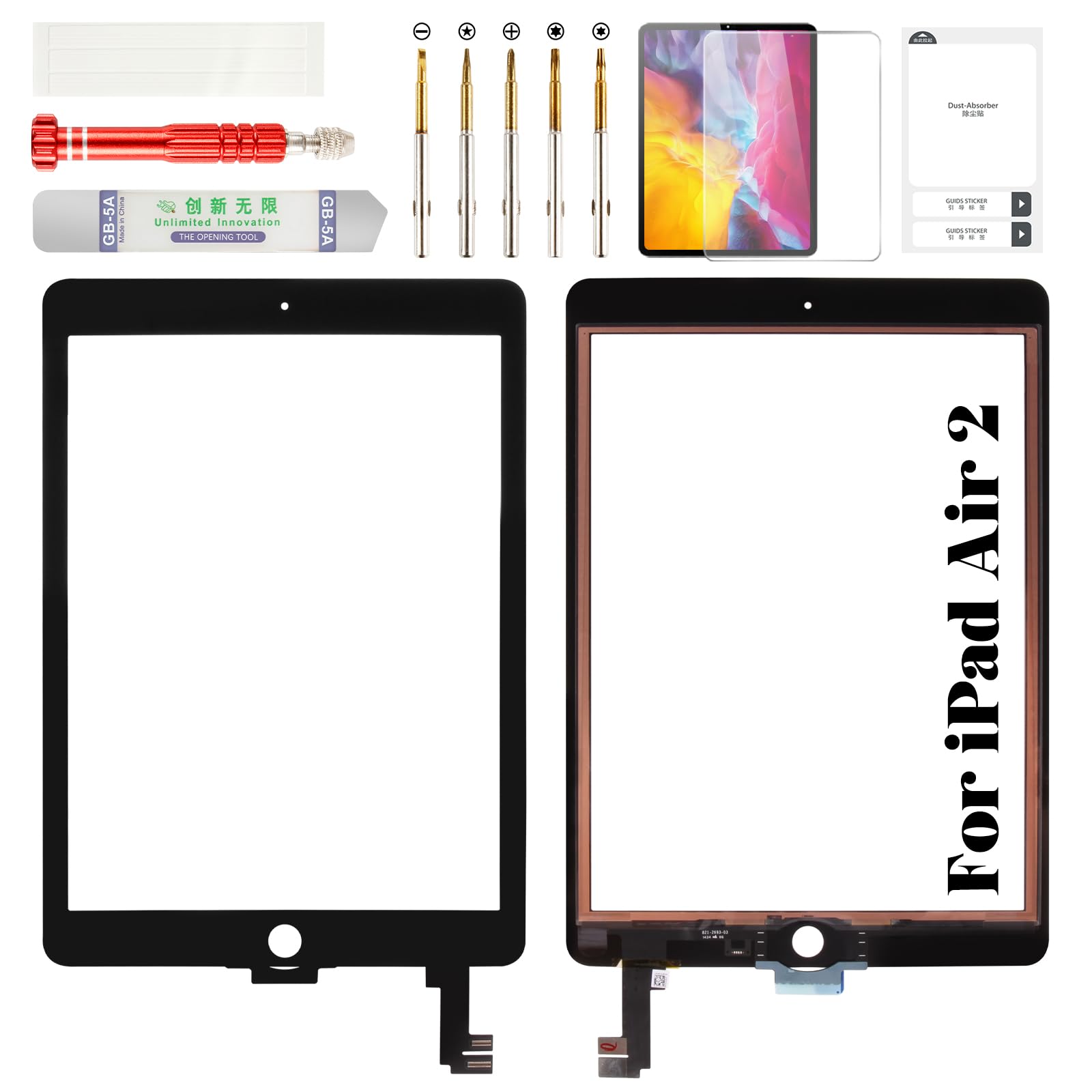 for iPad Air 2 Screen Repair Kit for iPad Air 2 Digitizer Replacement A1566 for iPad Air 2 Touch Screen Replacement A1567 Without Home Button Black (