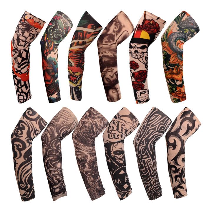 TSHAOUN 12 Piezas Falsas Mangas de Tatuaje, Manga Tatuajes Brazo para Hombres, Mangas de Tatuajes Temporales Brazo Medias Tatuaje Temporal Mangas para Fiestas de Disfraces Carnaval