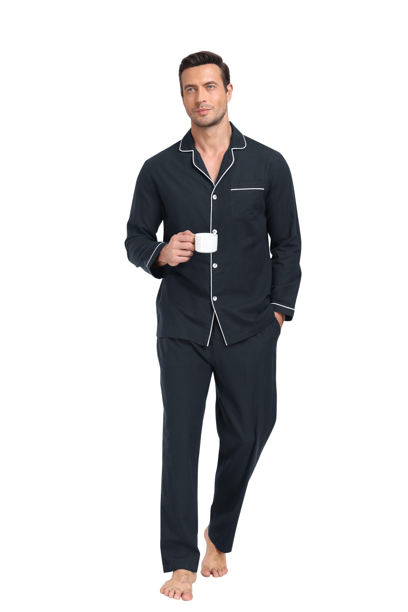 MoFiz Pijamas Hombre Largo Invierno Algodón Conjunto de Pijama con Botones Manga Larga Cuello en V Ropa de Dormir con Bolsillos Talla M- 4XL