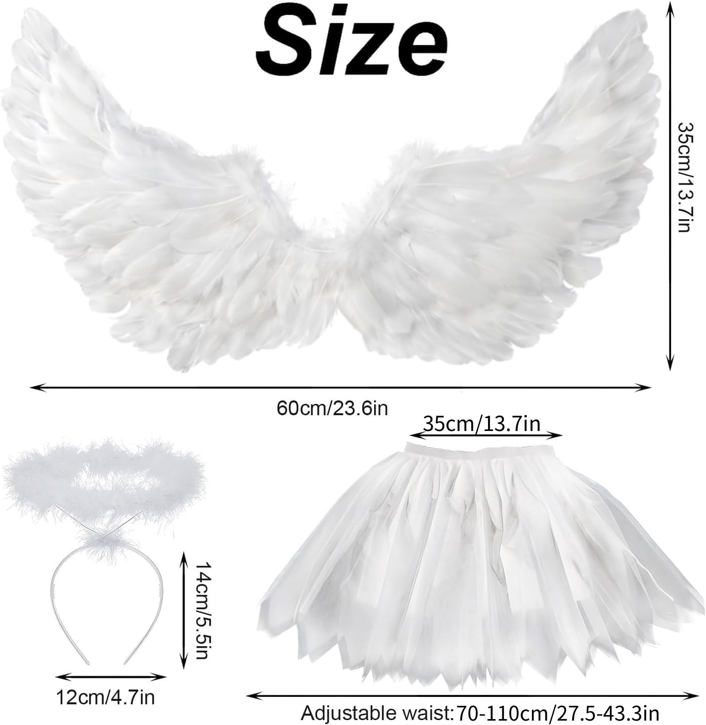 YeahBoom Costume da angelo bianco da donna, 60 cm, con ali d'angelo, per adulti con alone, 70-110 cm, gonna in tulle da donna, ali d'angelo e alone, per Halloween, carnevale, cosplay, feste, carnevale