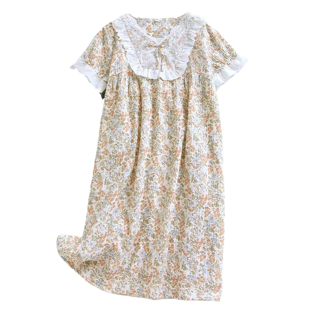 Camicia da Notte Donna - Gonna da Notte da Donna Estiva Gonna Lunga A Maniche Corte in crêpe di Cotone Gonna da Notte Sottile E Carina con Scollo A V in Pizzo Dolce